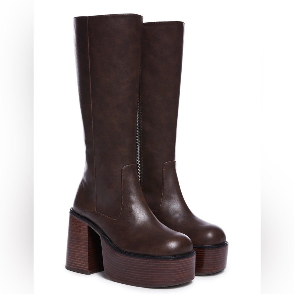 Free People Chunky Bratz Doll Chocolate Brown Leather Knee-High Platform Boots - Picture 4 of 16